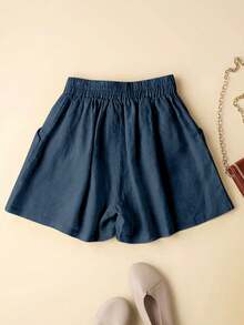 Quần short vải lanh co giãn eo cho nữ, giản dị & phù hợp cho kỳ nghỉ hè - Màu xanh hải quân - Xem 2