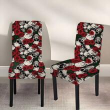 1 件/2 件/4 件/6 件万圣节花卉和骷髅印花节日家居装饰椅套，高弹力全套可拆卸可洗椅子保护套，适用于家庭、季节性装饰