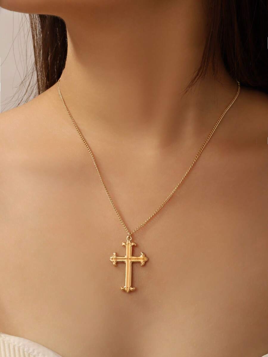 Conjunto de colar feminino com pingente de cruz de metal estilo gótico e strass de vidro, 1 peça