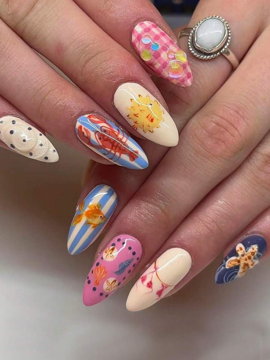 Hộp quà tặng 24 móng tay giả hình quả hạnh nhân, nghệ thuật làm móng bãi biển mùa hè, kiểu dáng vỏ sò, sao biển ba chiều, tôm hùm hoạt hình, cá chép, nhím biển, chấm bi xanh hồng, hạt cườm nhiều màu sắc, thích hợp cho kỳ nghỉ, quà tặng, đồ dùng thiết yếu cho chuyến đi biển, móng tay giả kèm keo thạch, 1 miếng dán, 1 miếng dụng cụ làm móng, móng tay - Nhiều màu - Xem 1