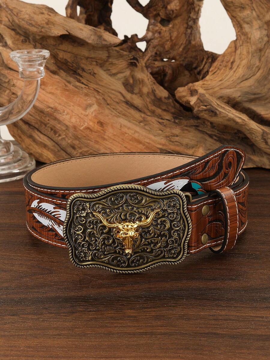 Fashionable Western Cowboy Retro Patterned Belt Fall, Autumn, Halloween - Coffee - View 1