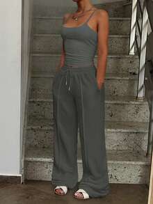 Casual Solid Color Camisole And Sweatpants Set Summer - Dark Grey - View 7