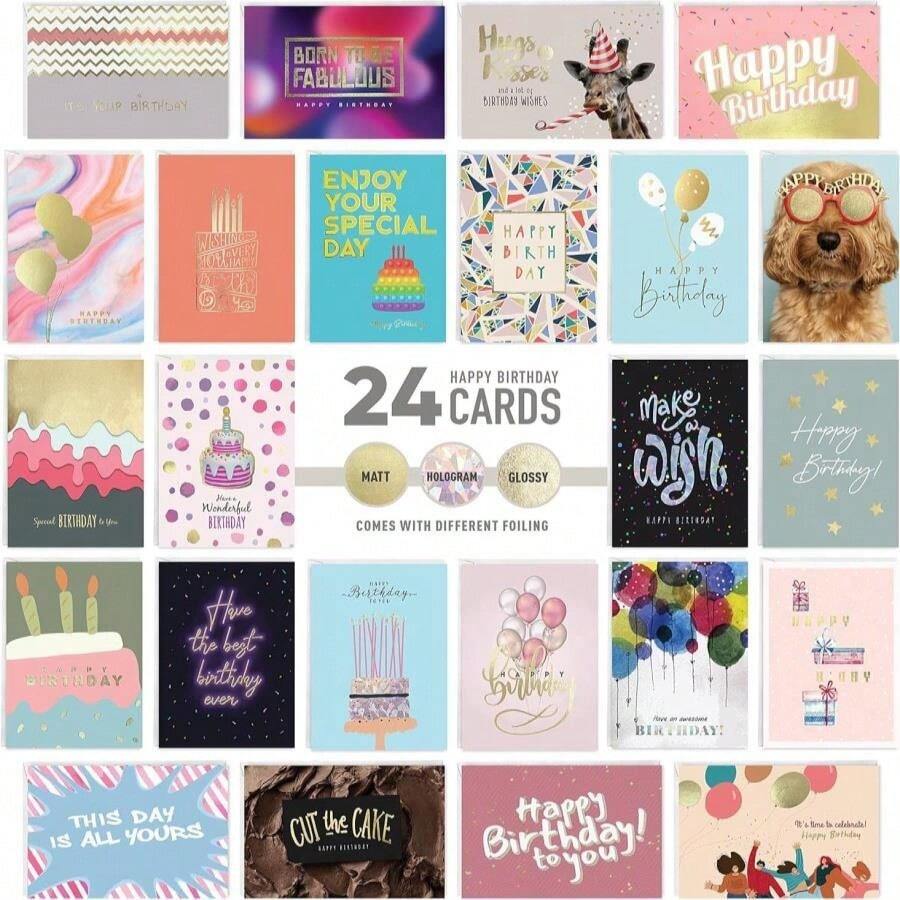 Easykart Labels 24 Unique Birthday Cards Assortment With Greetings Inside For Businesses And Individuals, 4X55 Inch Assorted Foiling Cards With Envelope With Sealing Stickers - 24張牌 - 查看 1