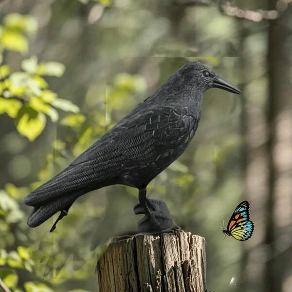 1 pieza Decoración realista de 3D cuervo negro ahuyentador de pájaros - Decoraciones de jardín duraderas de plástico para Halloween y bodas, repelente de aves al aire libre para el patio, el hogar, sin necesidad de baterías, decoración de cuervo, detalles intrincados, artesanía detallada