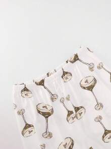 Conjunto de pijama y ropa casual: Blusa abotonada con cuello en V y estampado de copa de vino tinto, y pantalón largo, ropa de otoño e invierno - Blanco - Ver 6