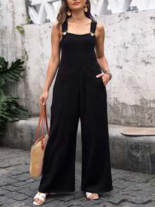 Overall mujer pantalon largo corte pierna ancha tirantes ajustables bolsillos costados algodon sueter rib suave casual vintage holgado comodo relajado versatil juvenil streetwear urbano moderno - Negro - Ver 2