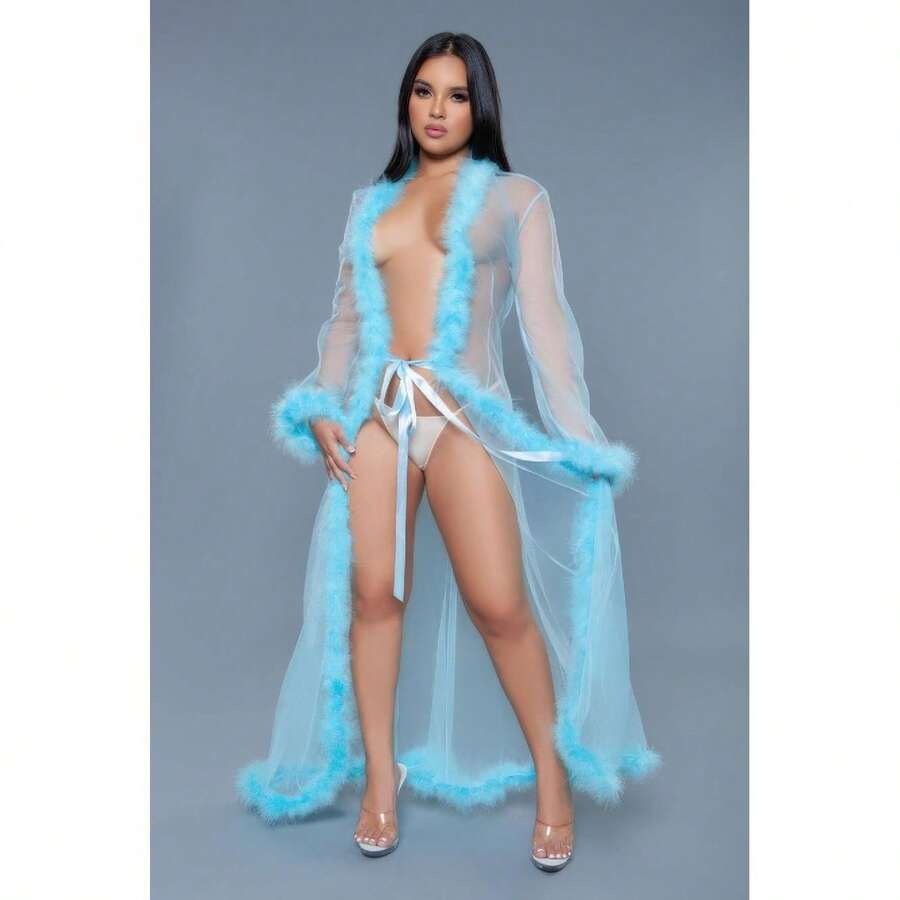 Marabou Robe - Turquoise - View 1
