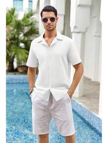 Mens Linen Button Down Shirts Short Sleeve Basic Cuban Regular Fit Wedding Summer Beach Tops - 白色 - 查看 10