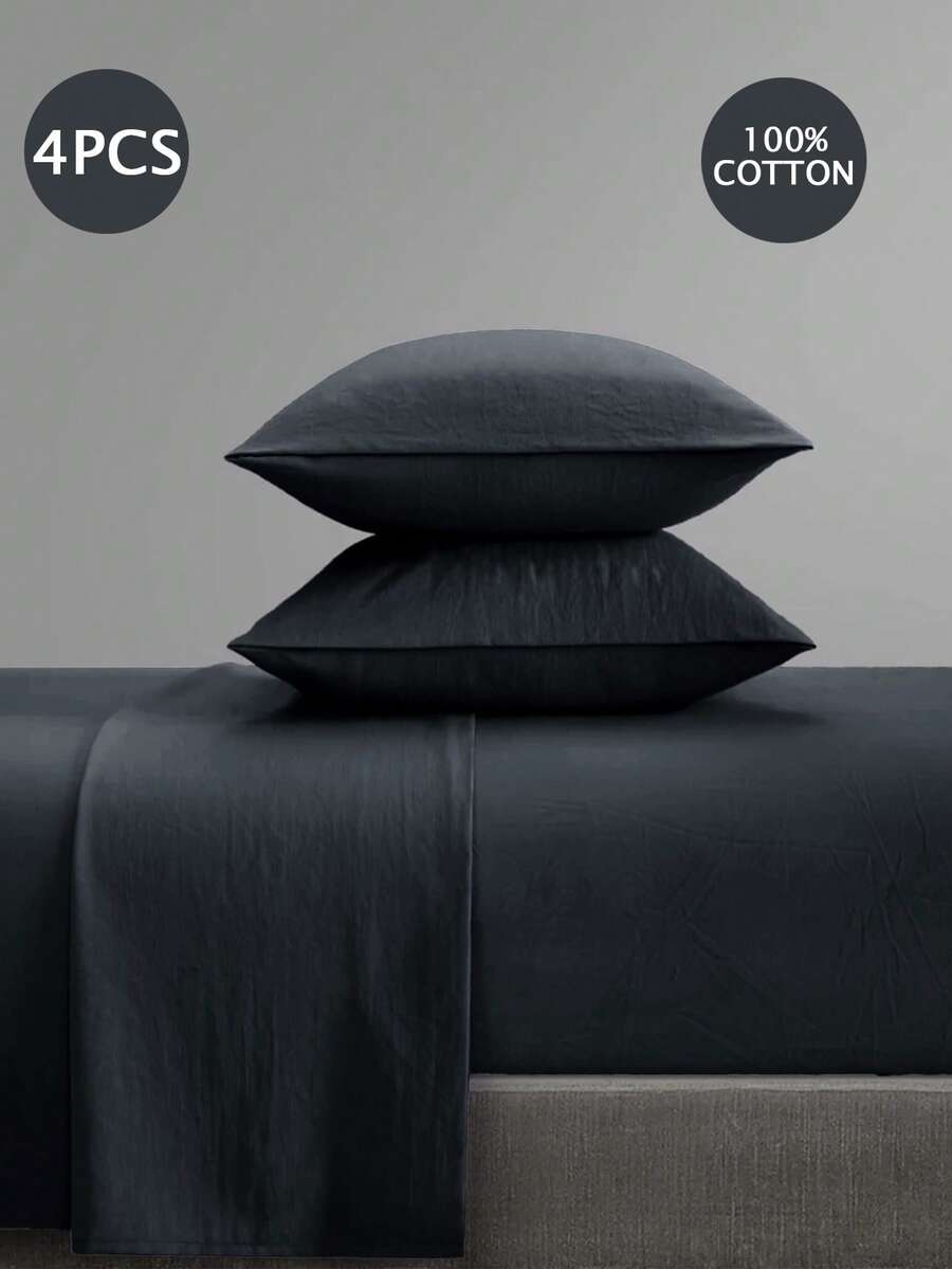 4 件/套 [100% 纯棉] 床单套件 易护理亚麻质感床上用品套件 床笠套件（1 件床单+1 件床笠+2 个枕套）床笠套件 特大号双人床尺寸 床单深口袋达 35 厘米，透气，更适合睡眠，简约风格，送给妈妈爸爸朋友的礼物 - 藏蓝色 - 查看 1