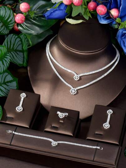 1 Conjunto Elegante de Joias com Pingente Quadrado de Zircônia Cúbica, Adequado para Datas de Mulheres