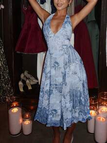 女式性感露背度假风全印花挂脖连衣裙，夏季 - 藍色 - 查看 4