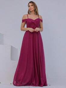 Long Off-The-Shoulder Party Dress With Sparkle For Bridesmaid, Wedding, Princess Graduation - 玫瑰紅 - 查看 2