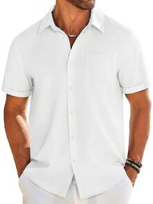 Mens Casual Linen Shirt Short Sleeve Button Down Shirt Summer Beach Shirts With Pockethalloween - xanh quân đội - Xem 4
