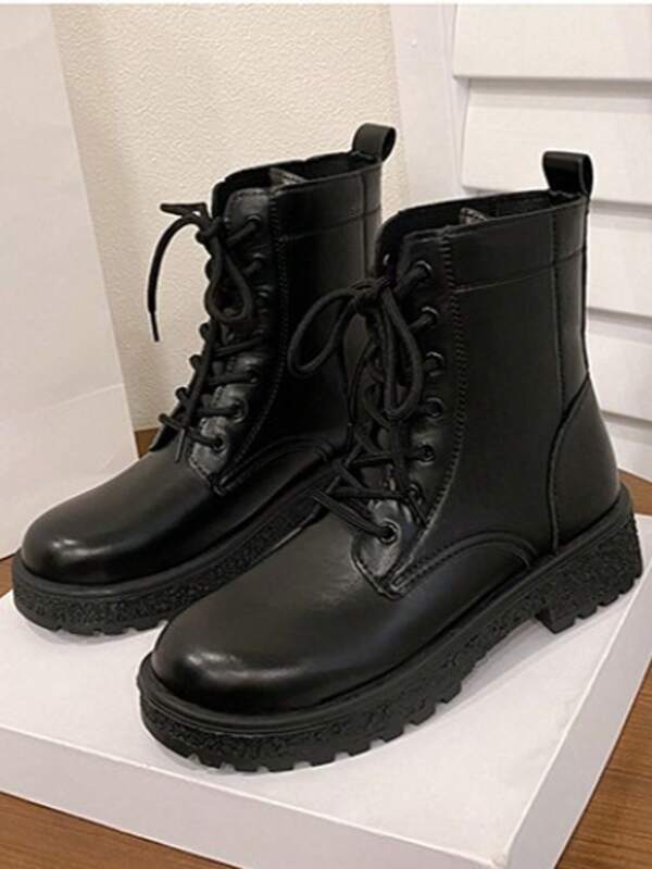Punk Style Black Casual Versatile Ankle Boots, New Arrival Cross-Border Plus Size Round Toe French Chunky Heel Solid Color Women Boots, Autumn