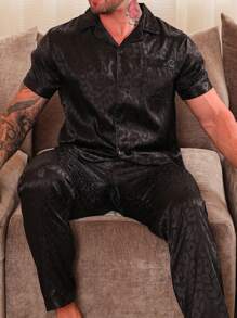 2pcs Sleepwear Set For Men, Short Sleeve & Long Pants, Striped & Leopard Print Casual Pajama Set, Spring/Autumn/Summer