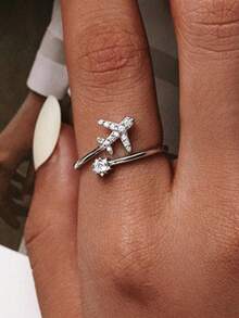 1pc Crystal Embellished Adjustable Airplane & Star Design Ring, Chic & Delicate - Silver - View 4