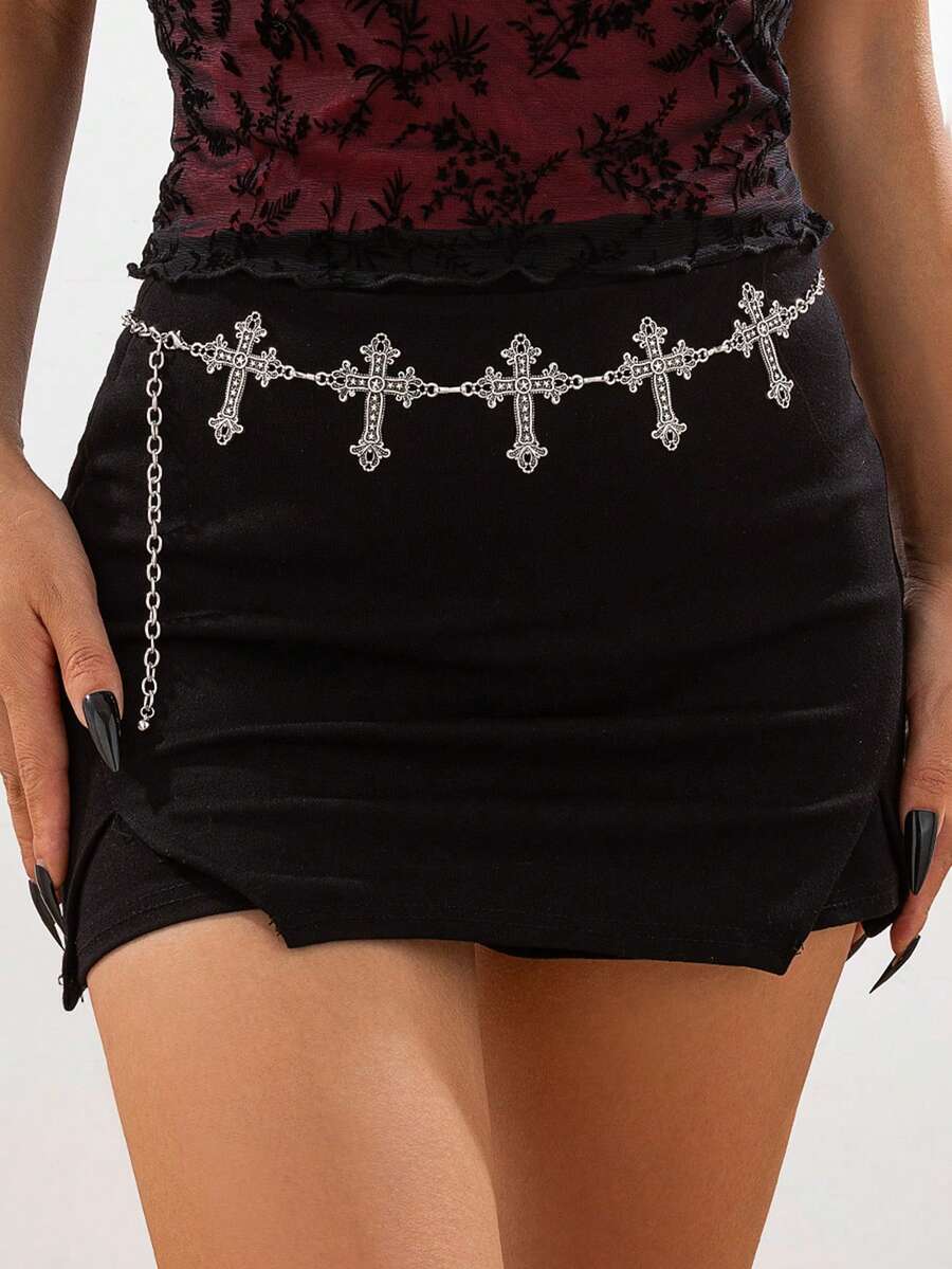 1pc Vintage Gothic Halloween Dark Cross Skull Waist Chain - Silver - View 1