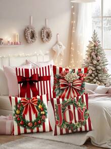 Set de 4 fundas de cojín navideñas - Rayas rojas y blancas con guirnalda, lazo y diseño de letra "Joy" - Perfectas para fiestas navideñas y decoración del hogar, sala de estar, dormitorio - Fundas de cojín de lino de alta gama con cierre de cremallera - Regalo de Navidad ideal (No incluye los insertos de los cojines)