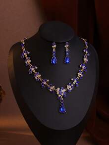 4pcs Elegant Baroque Rhinestone Crown Necklace And Earrings Set, Perfect For Weddings And Special Occasions - 藍色 - 查看 2