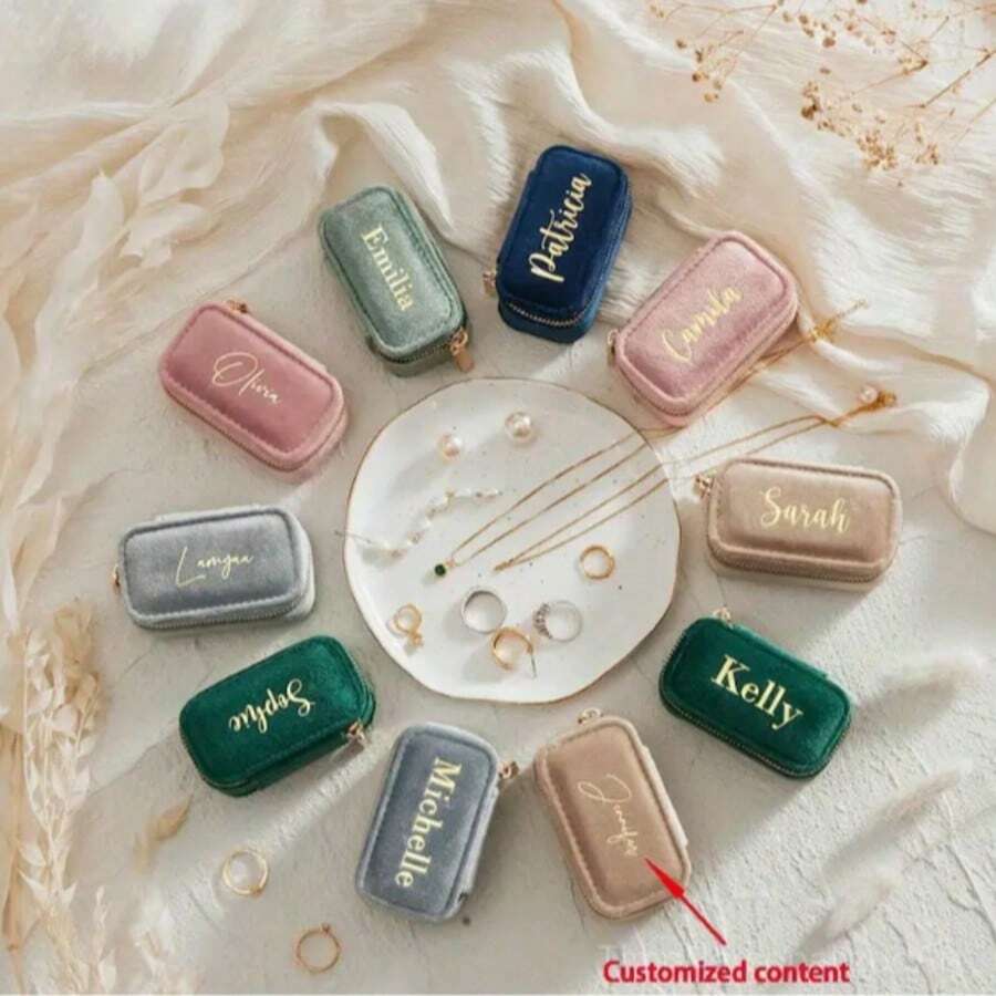 Caja de joyería de terciopelo personalizada - Caja de almacenamiento de joyas personalizable para viajes, regalo elegante para damas de honor, regalo de cumpleaños, día de la madre y San Valentín, diseño rectangular con cierre de cremallera, caja de almacenamiento de joyas para viajes | Caja del tesoro elegante | Caja de joyas con cremallera