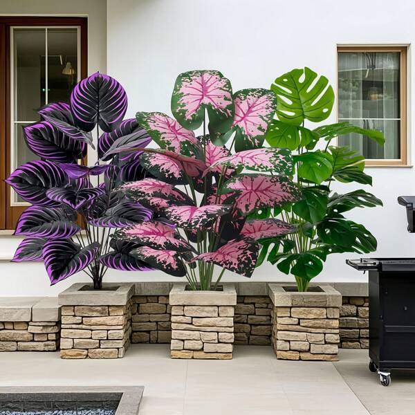 Set de 3 plantas de follaje artificial para exteriores con 12 hojas perennes grandes, ideal para decoración del hogar, patio, jardín, hotel, bodas, Día de la Madre, Pascua, San Patricio - Colocación en el suelo para decoración de primavera y verano - Uso versátil en interiores y exteriores