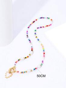 Colar com pingente de coração de pérolas coloridas e pérolas artificiais feito à mão, acessório feminino para festa na praia