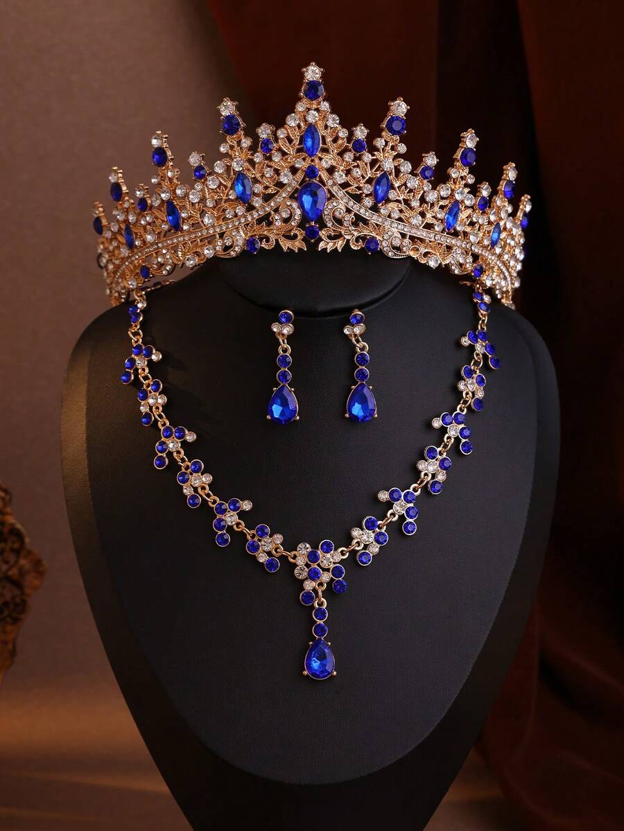 4pcs Elegant Baroque Rhinestone Crown Necklace And Earrings Set, Perfect For Weddings And Special Occasions - 藍色 - 查看 1