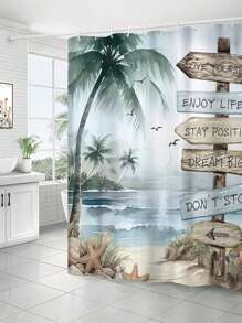 1pc - Polyester - Tropical Beach Palm Tree Shower Curtain Blue Ocean Quote Coast Sunset Scenery Inspirational Vintage Art Waterproof Shower Decor Accessory With 12 Plastic Hooks
