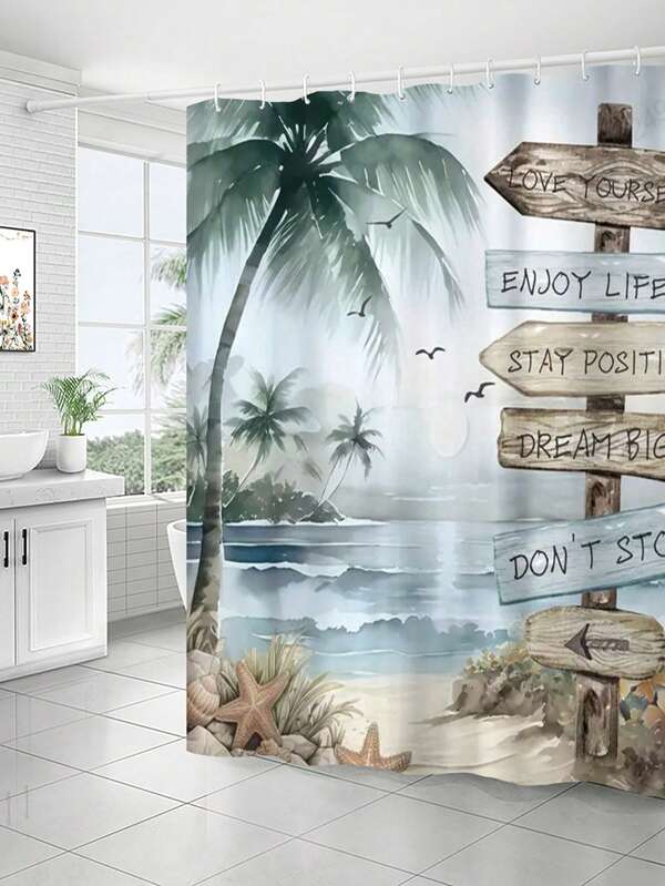 1 szt. - Poliester - Tropikalna plaża Palma Zasłona prysznicowa Niebieski ocean Cytat Wybrzeże Zachód słońca Krajobraz Inspirująca sztuka vintage Wodoodporny prysznic Dekoracja akcesorium z 12 plastikowymi haczykami