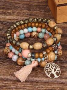 4pcs/Set Boho Style Wooden Life Tree Charm Bracelets, Elastic Rope Bangles For Daily Wear & Parties