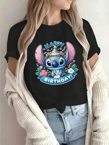 Cartoon Print Ladies' T-Shirt, Casual Round Neck T-Shirt For Spring And Summer