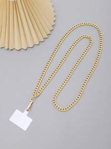 1pc Golden Metal Chain Strap With Clips, Phone Lanyard Necklace With Transparent Card Holder - Gold - View 2