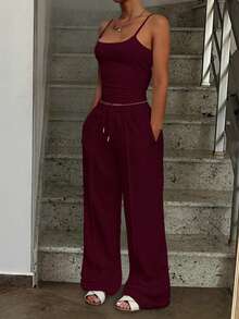 2pcs Summer Plain Solid Camisole & Drawstring Waist Sweatpants Set - Burgundy - View 6