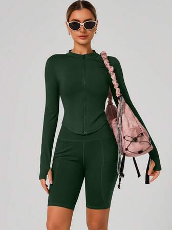 Women's Fashion Stand Up Collar Zipper Long Sleeve Yoga Jacket Tight And Soft Yoga Clothing Outdoor Fitness Sports Top Jacket Suitable For Fitness Exercise In Autumn