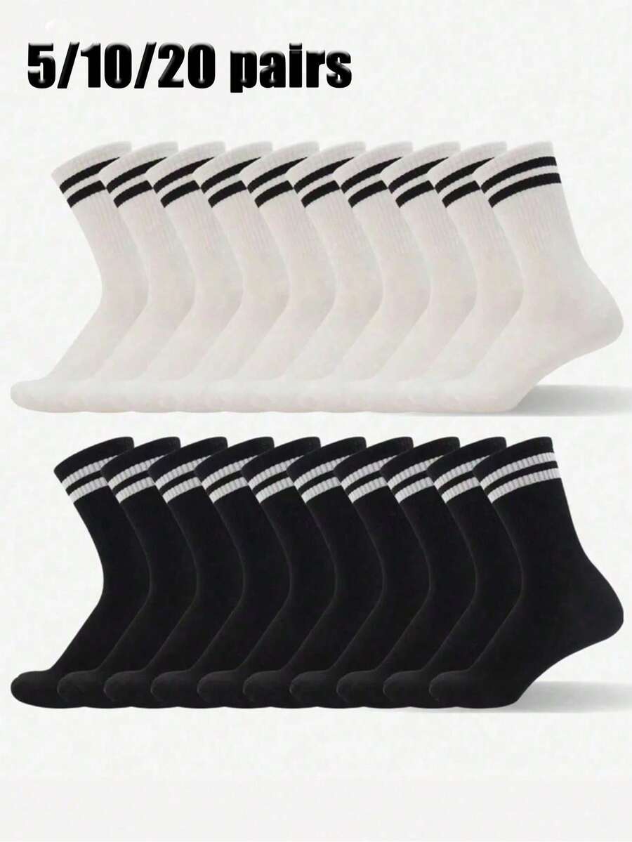 1/5/10/20 Pairs Unisex Casual Simple Fashion Versatile Breathable Moisture-Wicking Mid-Calf Socks, Couple Socks, Fall Socks - Black and White - View 1