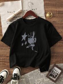 Camiseta de Manga Curta com Gola Redonda Estampada Casual para Meninas e Crianças Pequenas no Verão - Camiseta de Moda Estilo Pentagrama Refresca a Imaginação e Expressão Pessoal das Crianças! Roupas Infantis, Camisetas Gráficas Femininas, Blusas de Verão, Roupas de Menina Pré-Adolescente