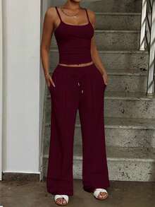 2pcs Summer Plain Solid Camisole & Drawstring Waist Sweatpants Set - Burgundy - View 5