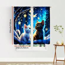 2 件可爱小猫窗帘 - 俏皮猫咪设计，蓝色窗帘和闪烁灯光，耐用涤纶面料，半透明，适用于客厅或卧室装饰（不含杆），卧室窗帘 | 猫咪主题装饰 | 杆袋风格，客厅窗帘 - 彩色 - 查看 23