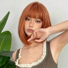 Vivid Pink Bob Wig With Bangs, Short Straight Synthetic Hair For Women Beginners, Natural & Fashionable Look Suitable For Cosplay, Party, Music Festival, Available In Cherry Blossom Pink And Caramel Colors As Well