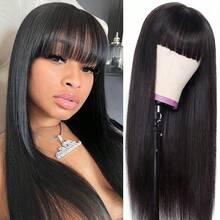 Straight Wig With Bangs Human Hair Glueless Machine-Made Wig 200% Density Pre-Plucked Natural Hairline & Breathable Cap For Women Lightweight & Beginner-Friendly No Glue Need Wig For Daily, Party & Work - Natural & Black - View 8