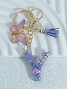 Sparkling Purple Mixed Snowflake Sequins, 26 Capital English Letters, Paired With Golden Patterned Butterflies And Purple Leather Tassels, 18kc Gold Lobster Buckle Flat Ring Chain Three Pieces Keychain Set, Suitable For Luggage Hanging Accessories, Car Hanging Accessories, Key Hanging Accessories, Mobile Phone Hanging Accessories, Clothing Hanging Accessories, As A Birthday Gift For Friends, Couples, And Mothers, Suitable For Both Men And Women - Purple - View 10