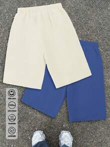 Basic cotton men's shorts, vintage architectural print, ribbed colour blocking college style spring and summer new, soft and breathable men's mid shorts, light apricot, grey and blue two-piece set