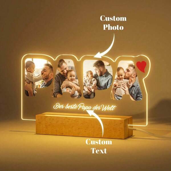 Lampe personnalisée cadeau pour papa - Idées de cadeau pour la fête des pères, veilleuse LED USB avec photo, cadeaux pour papa fille fils, album photo en verre, diverses bases au choix colorées, kawaii, minimaliste chic, jolies personnalisées, uniques, cadeaux idéaux pour lui, elle, petit ami, petite amie, famille, amis pour les anniversaires, mariages