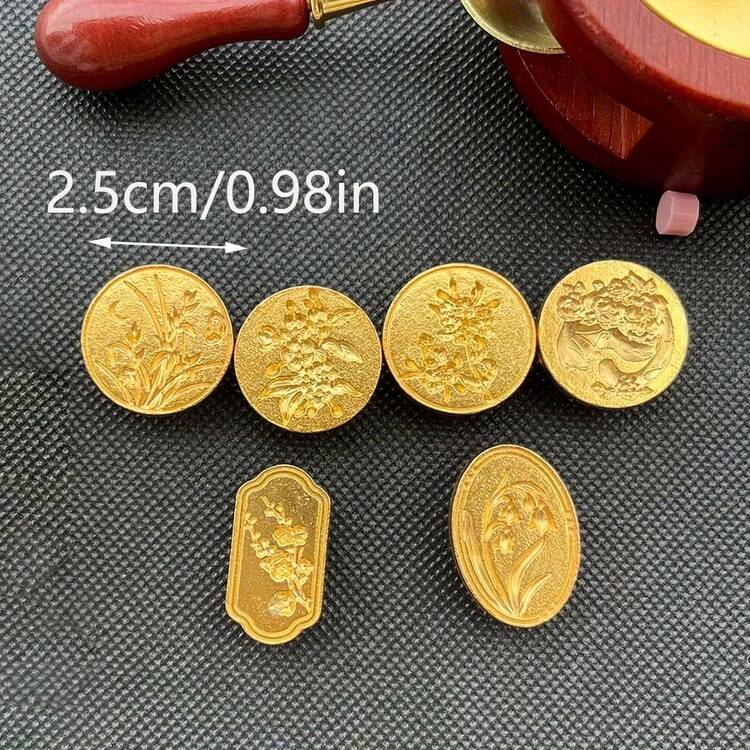 6pcs Metallic Alloy Wax Stamp Set With Interchangeable Wooden Handle - Cat, Camellia Flower Pattern, For Invitations, Cards, Envelopes, Gift Packaging, Stamping, Floral Design - Gold - View 4