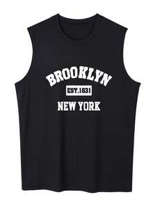 Men's Round Neck Letter And USA Flag Print Casual Tank Top - Black - View 1