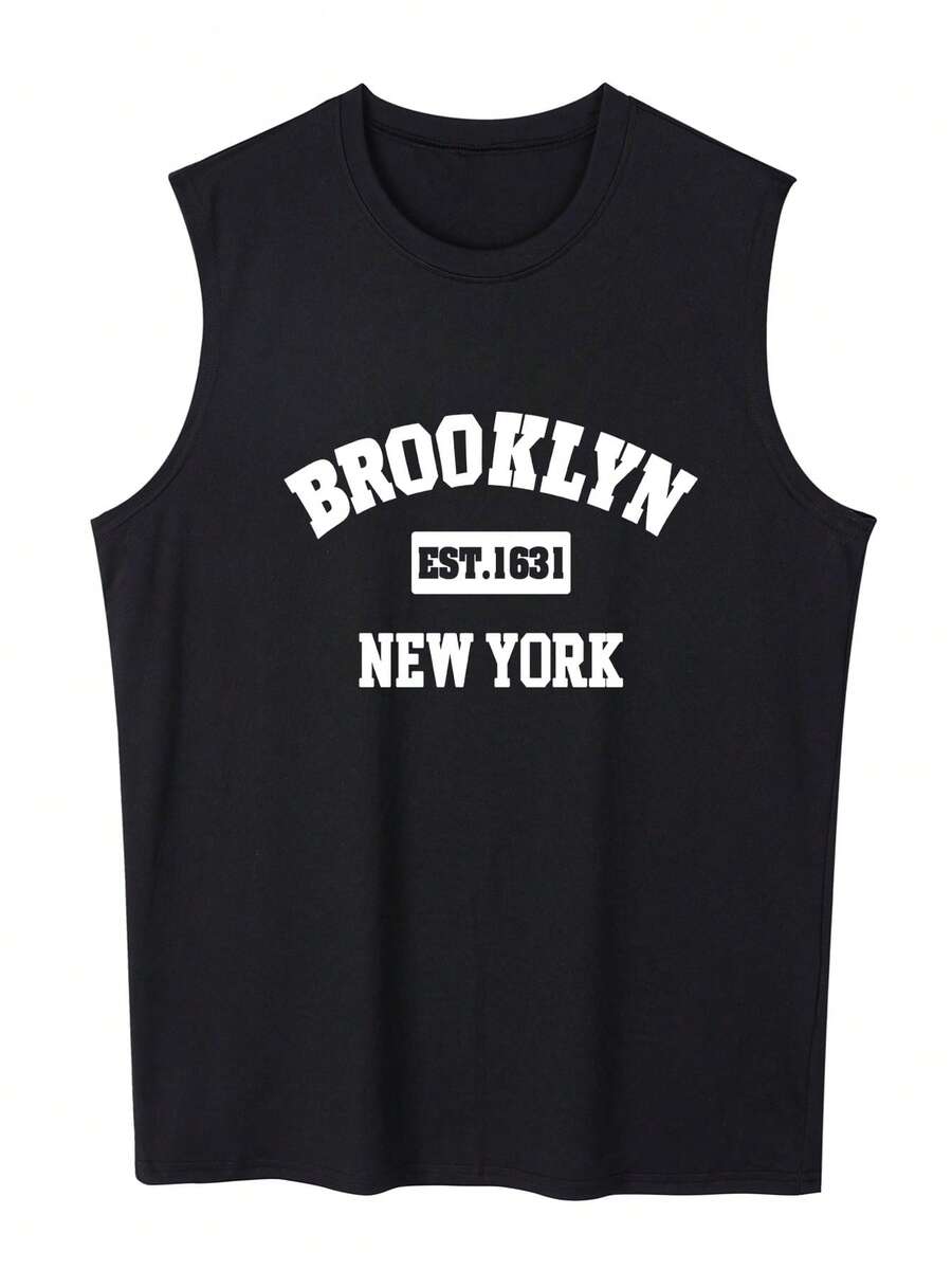 Men's Round Neck Letter And USA Flag Print Casual Tank Top - Black - View 1