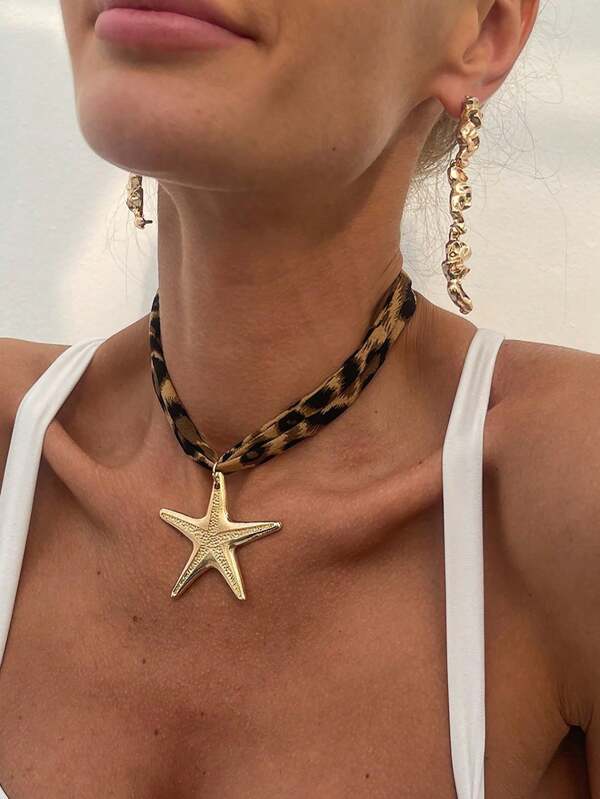 1pc Bohemian Leopard Print Rope With Chunky Starfish & Sun & Flower & Heart & Shell Necklace For Women Beach Choker Neck Jewelry Gift