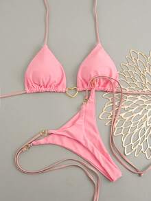 Áo bikini tam giác kiểu Âu Mỹ mới về, điểm nhấn là họa tiết kim loại hình trái tim, cổ yếm, màu trơn gợi cảm, thích hợp cho kỳ nghỉ hè trên bãi biển, màu hồng. - Hồng - Xem 3