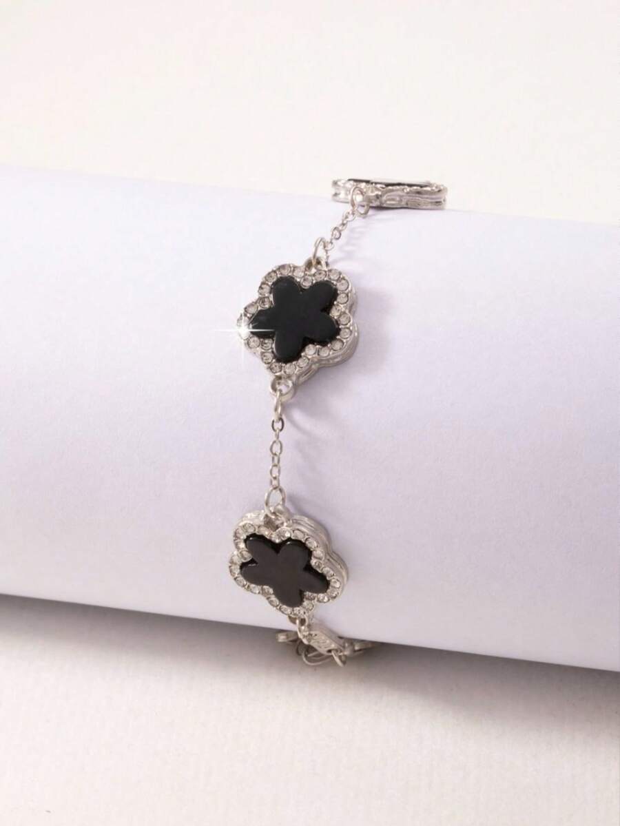 1pc Elegant Party-Style Lucky 4-Leaf Clover Rhinestone Bracelet, Valentine's Day/Mother's Day Gift - Black - View 1