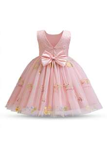 Young Girl Floral Embroidered Tulle Bowknot Fairy Little Princess Dress Garden Flower Girls Party Wedding Birthday Dresses - 粉色 - 查看 3